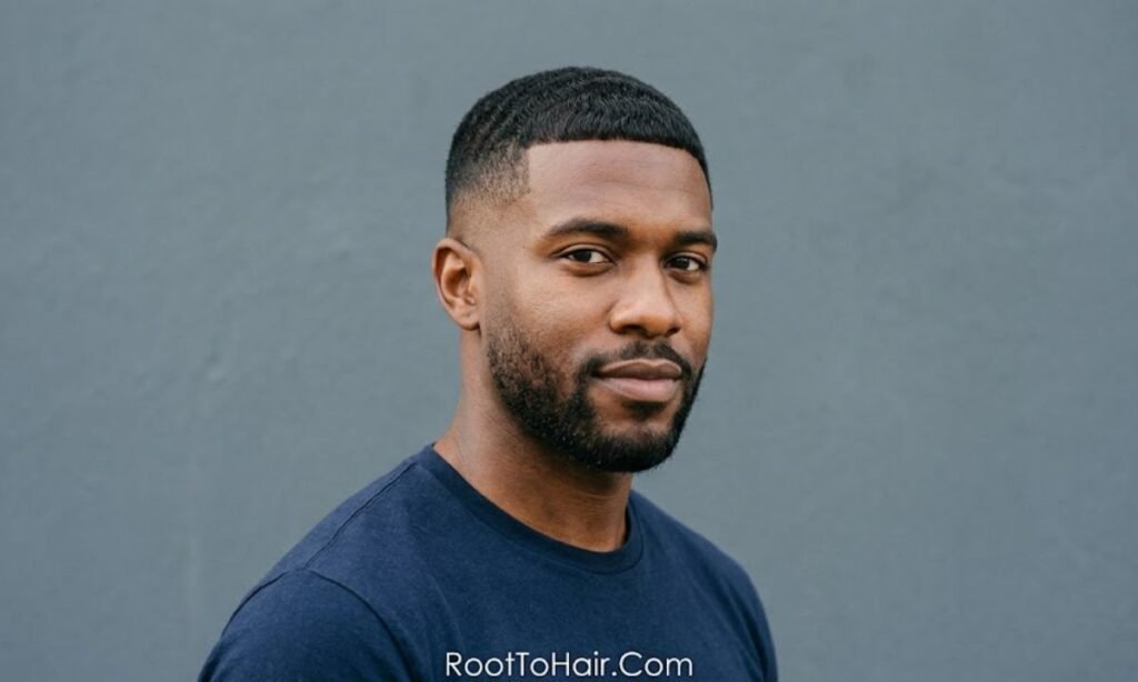 Caesar Cut with Mid Taper Fade Black Men