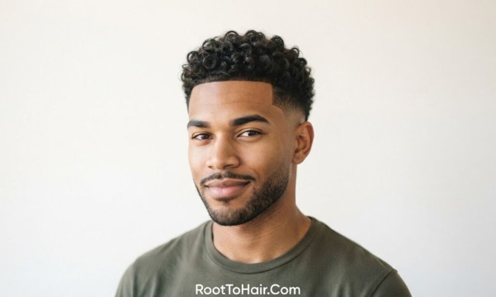 Curly Caesar with Mid Taper Fade