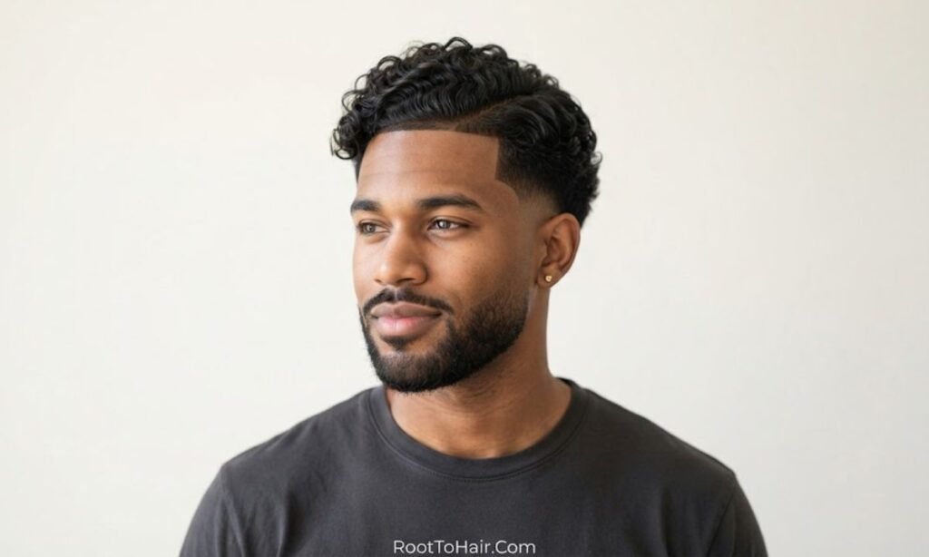 Curly Comb-Over with Low Taper Fade