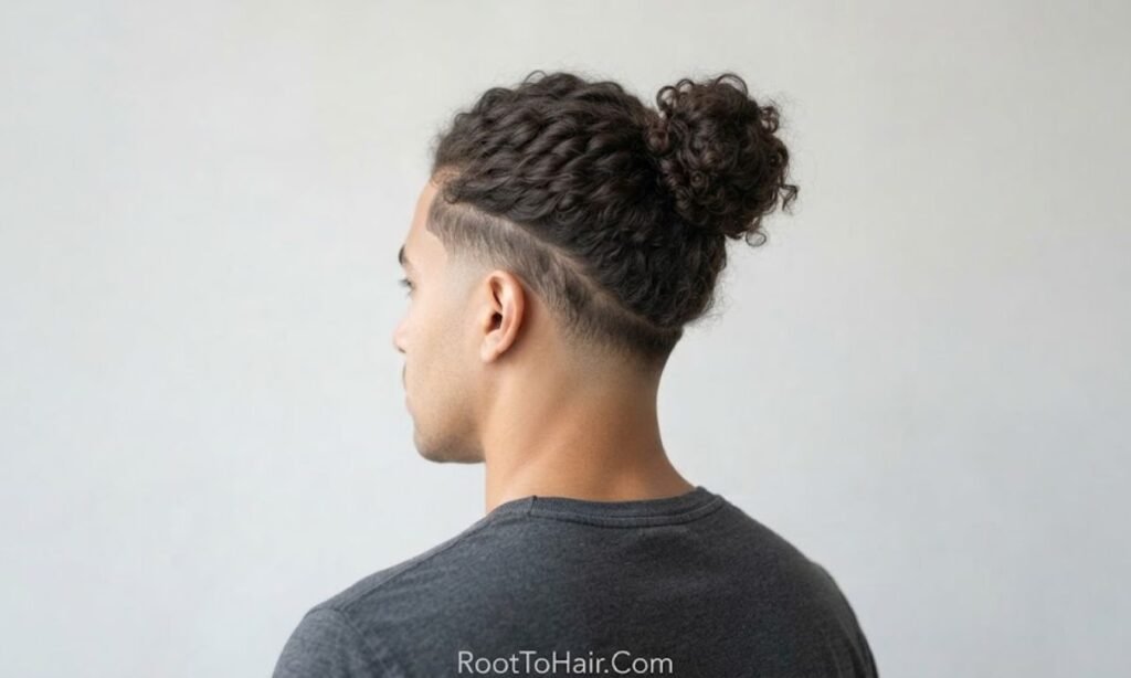 Curly Man Bun with Low Taper Fade