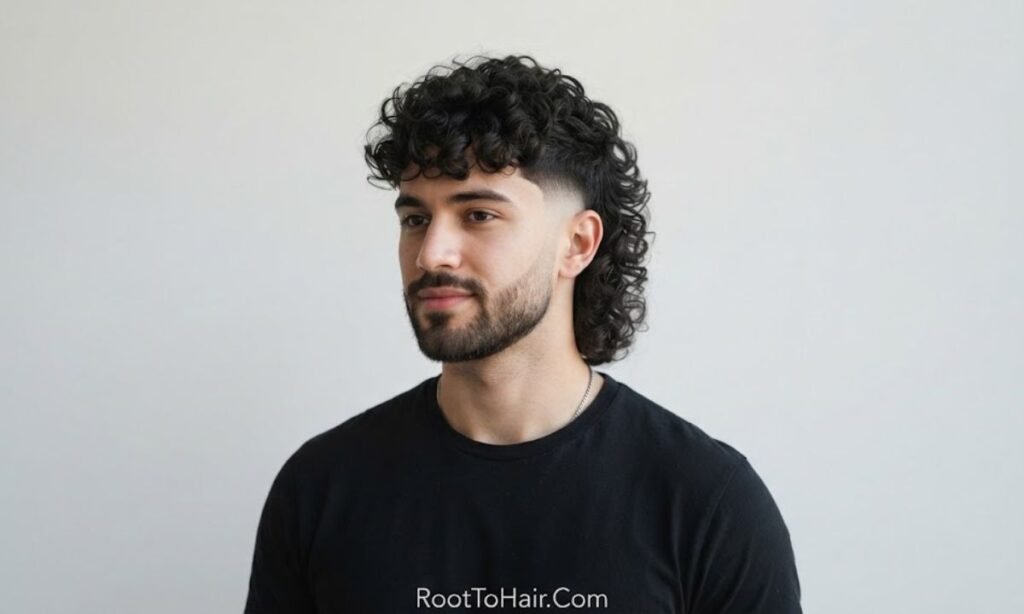 Curly Mullet with Mid Taper Fade