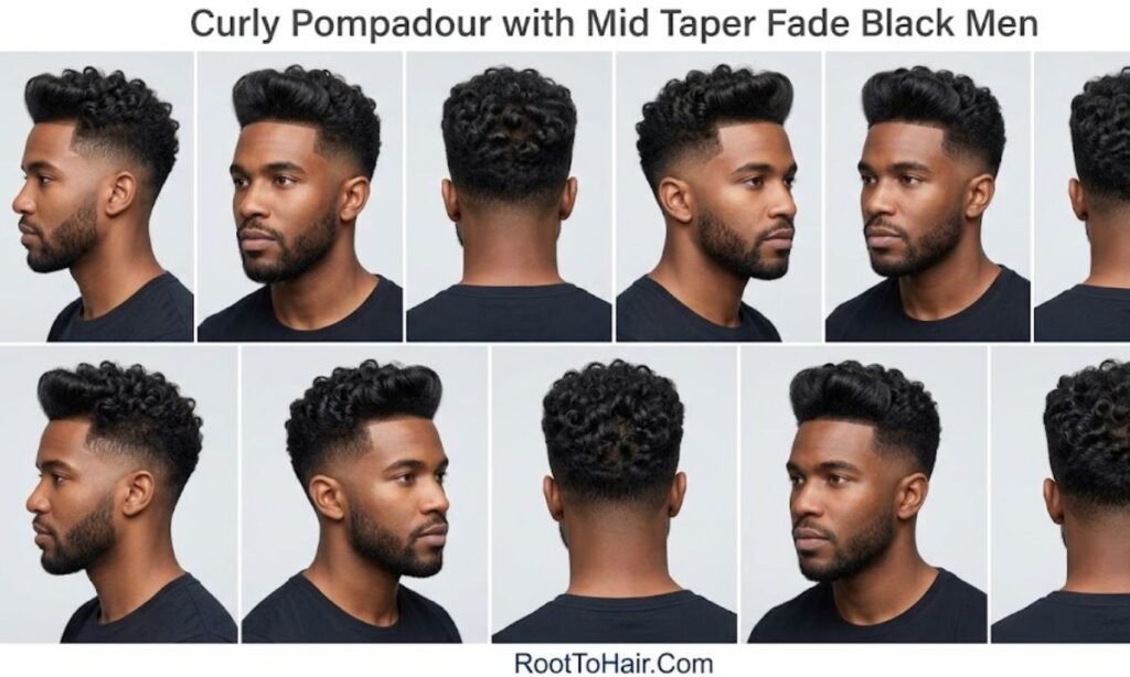 Curly Pompadour with Mid Taper Fade Black Men