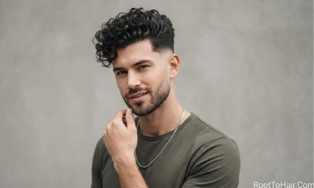 Curly Quiff with Mid Taper Fade