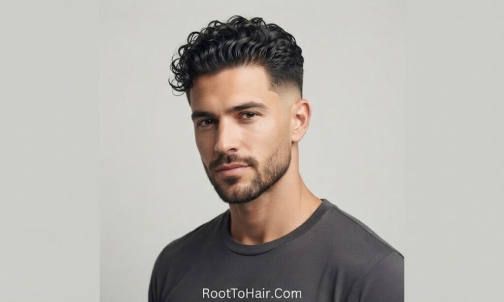 Curly Slick Back with Mid Taper Fade