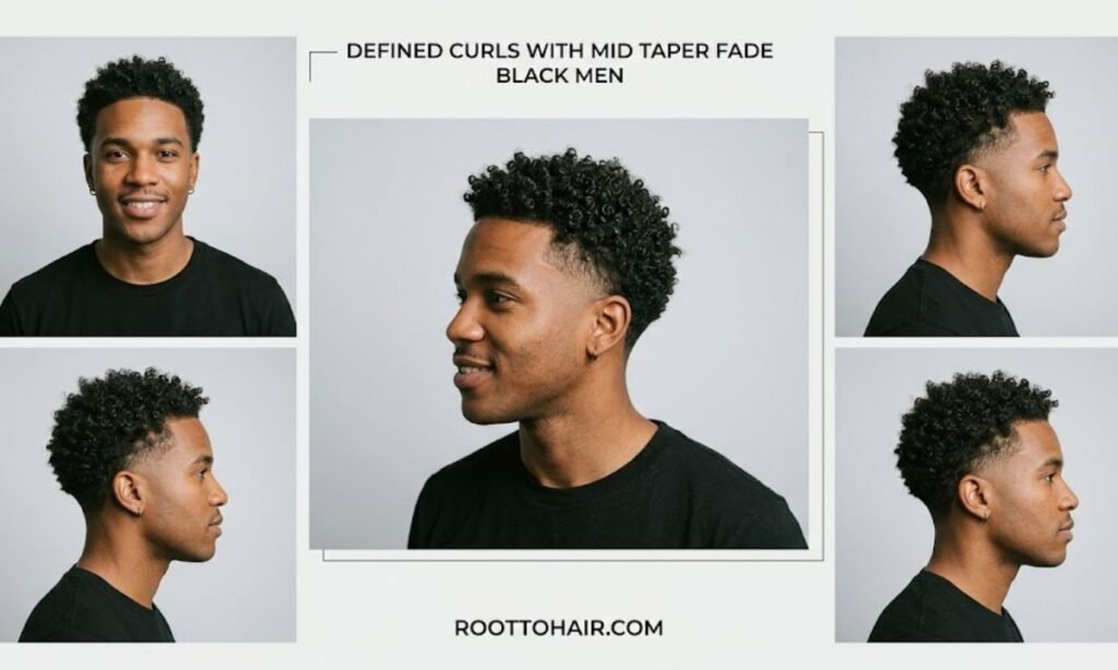 Defined Curls with Mid Taper Fade Black Men