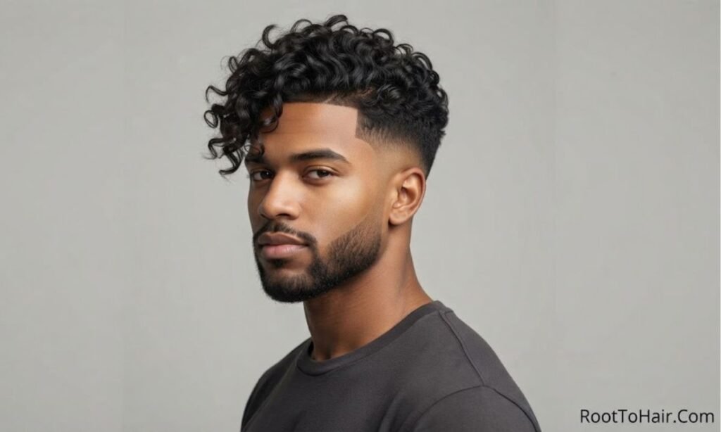 Long Curly Top with Mid Taper Fade