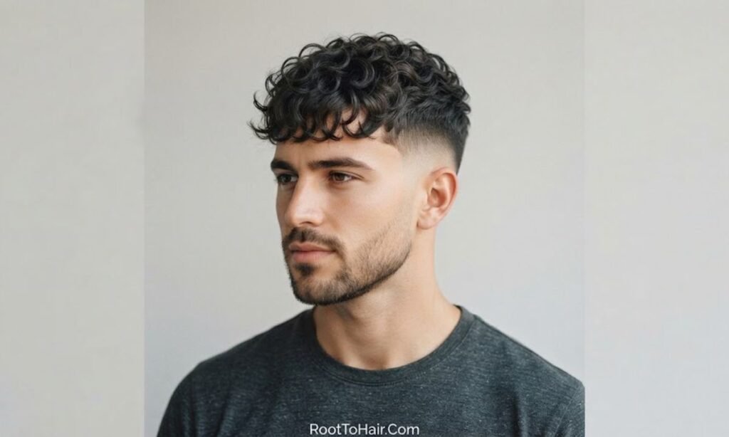 Low Taper Fade with Curly Fringe (Bangs)