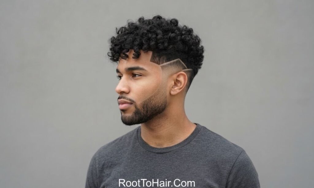 Low Taper Fade with Curly Textured Top and Temple Detail