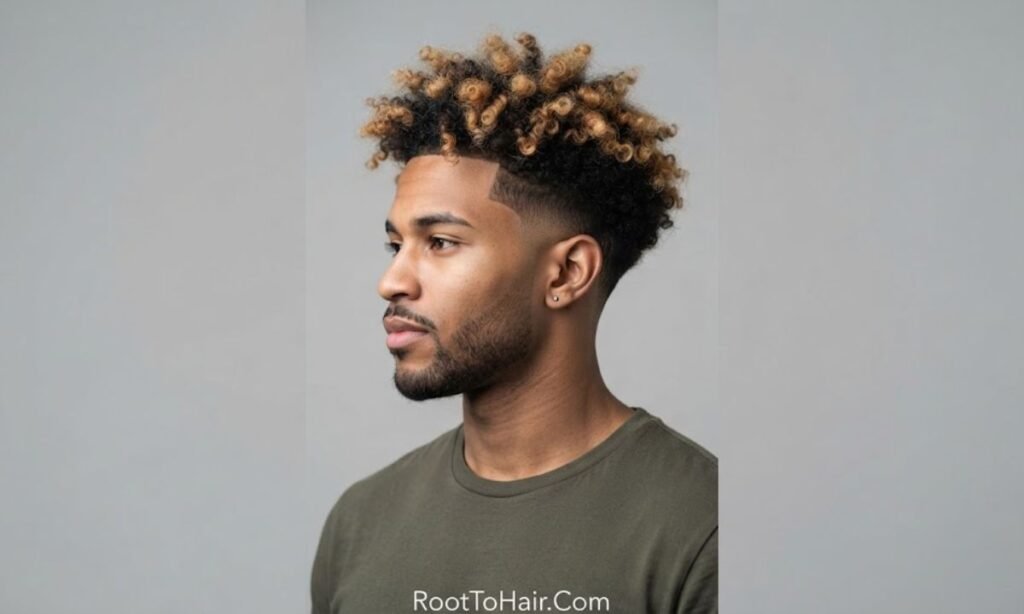 Low Taper Fade with Two-Tone Curly Color
