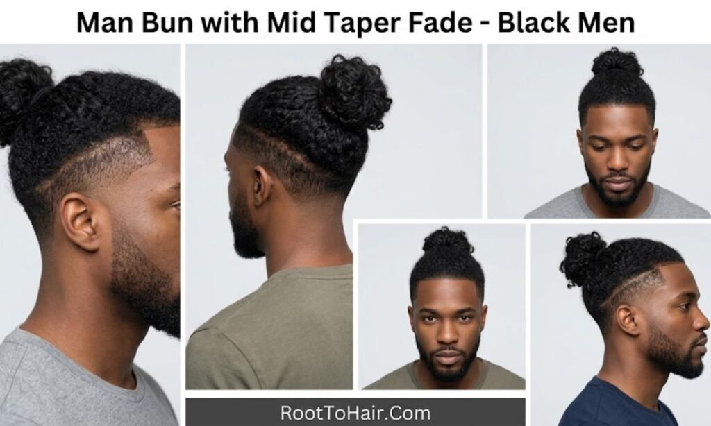 Man Bun with Mid Taper Fade Black Men