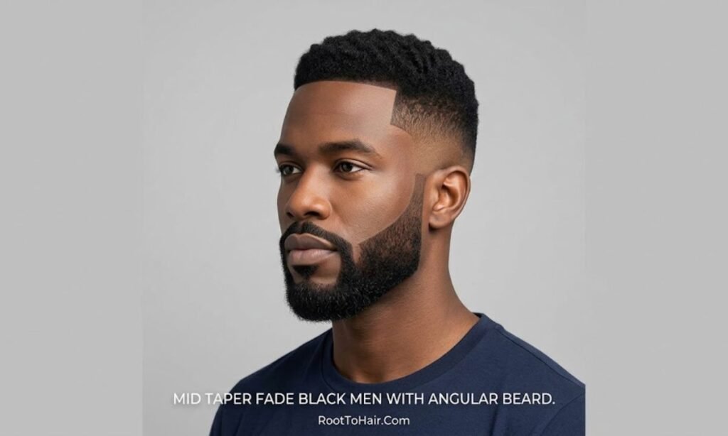 Mid Taper Fade Black Men with Angular Beard