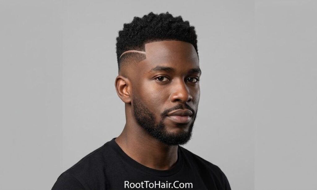Mid Taper Fade Black Men with Shaved Line Design