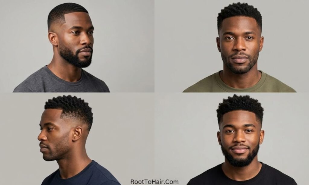 Mid Taper Fade Black Men with Short Beard or Stubble