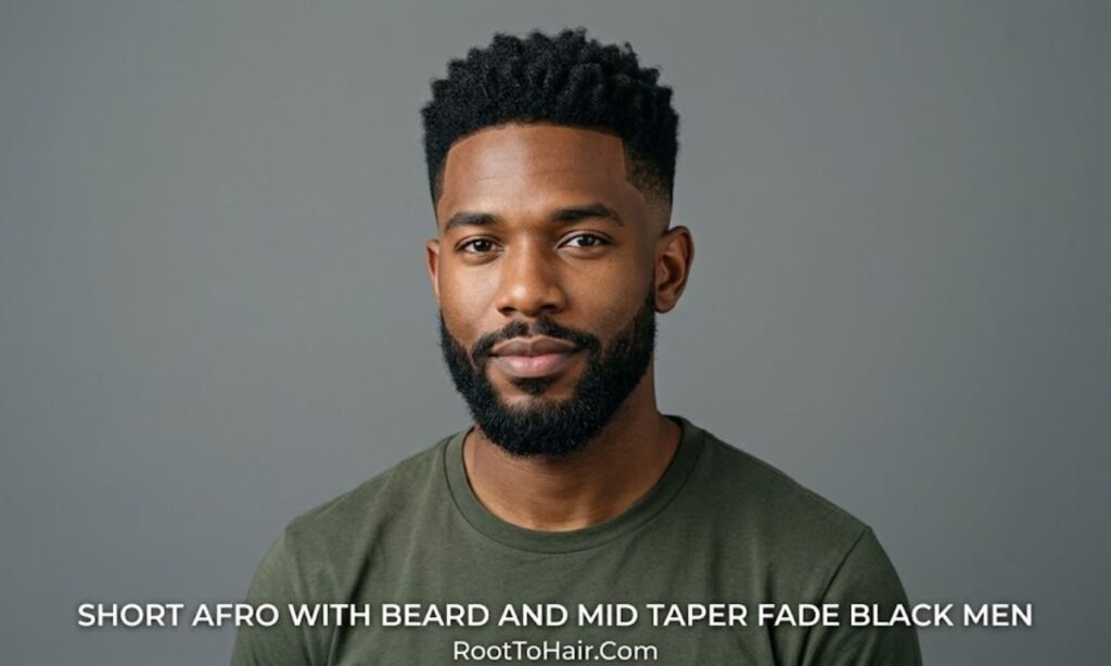 Short Afro with Beard and Mid Taper Fade Black Men
