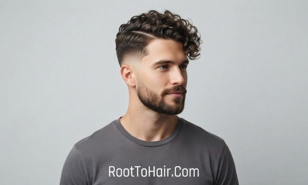 Side Part Curly Mid Taper Fade